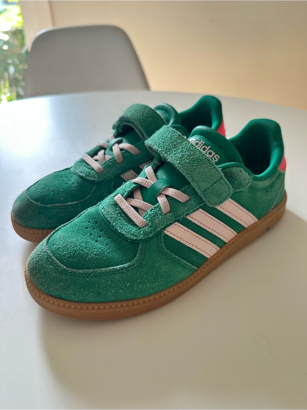 adidas Kids Green Suede Sneakers with White Stripes and Gum Sole